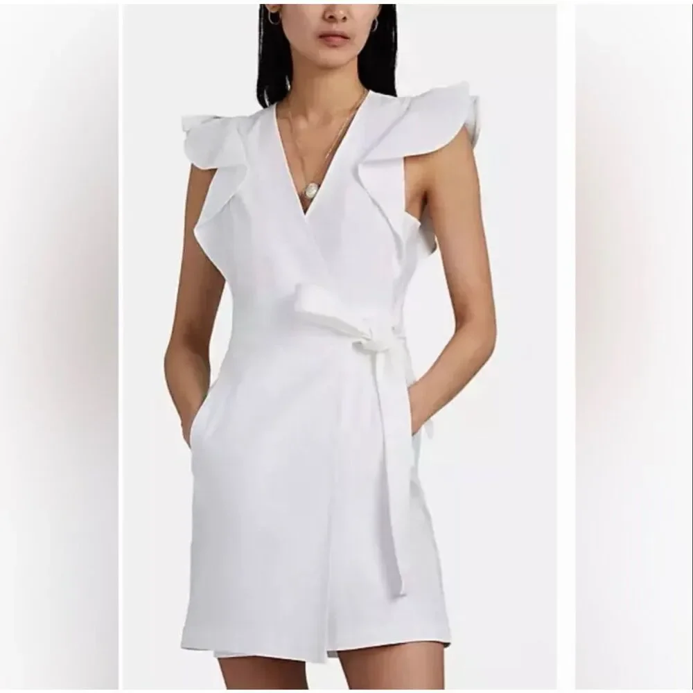 A.L.C. Sidelle white ruffle sleeve wrap dress 10 linen stretch V-neck mini Short - Picture 8 of 16